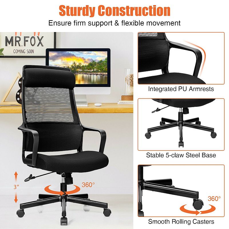 Adjustable Mesh Office Chair with Heating Support Headrest