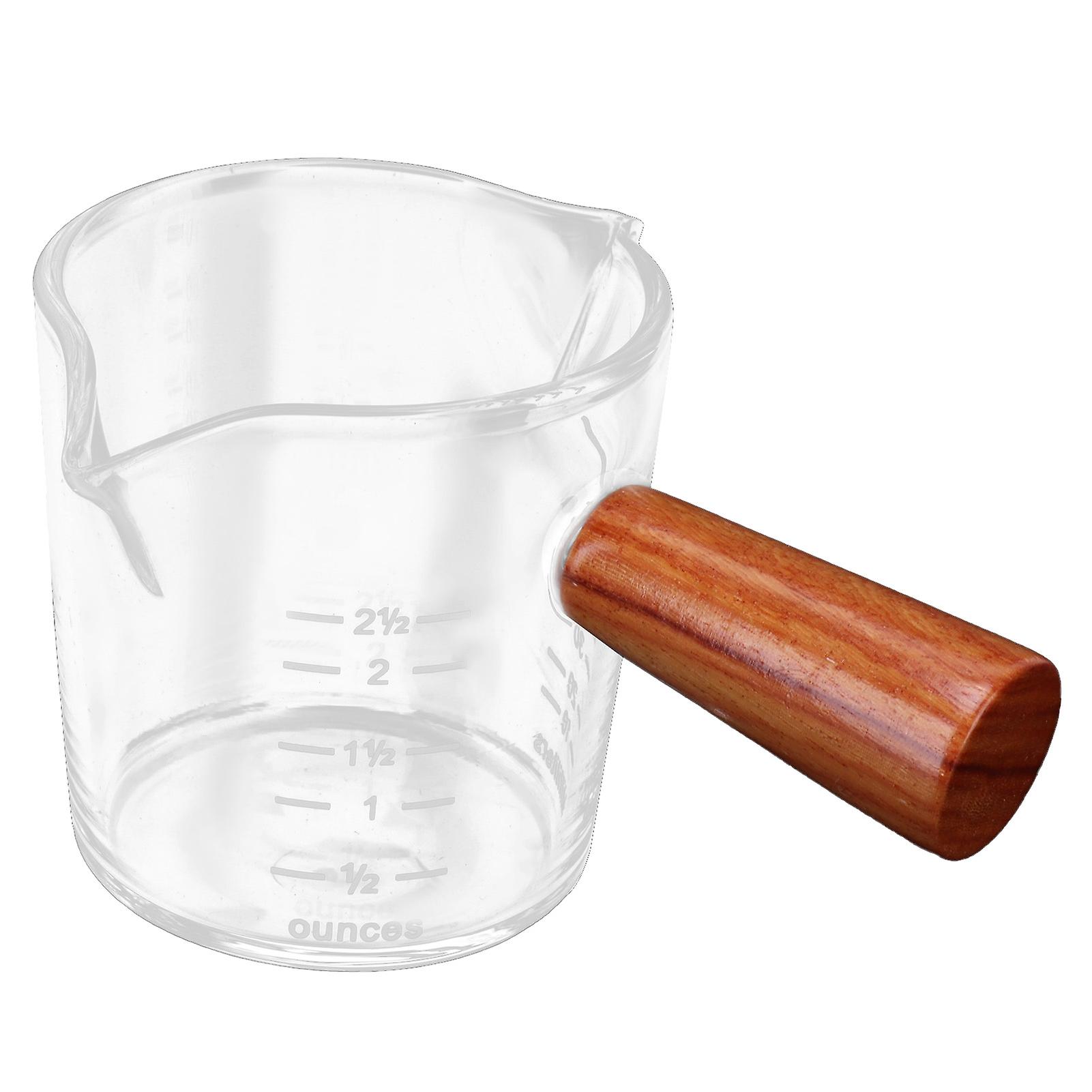 Double Spout Milk Cup with Wooden Handle Glass Coffee Measuring Mug for Home KitchenThick Bottom Type