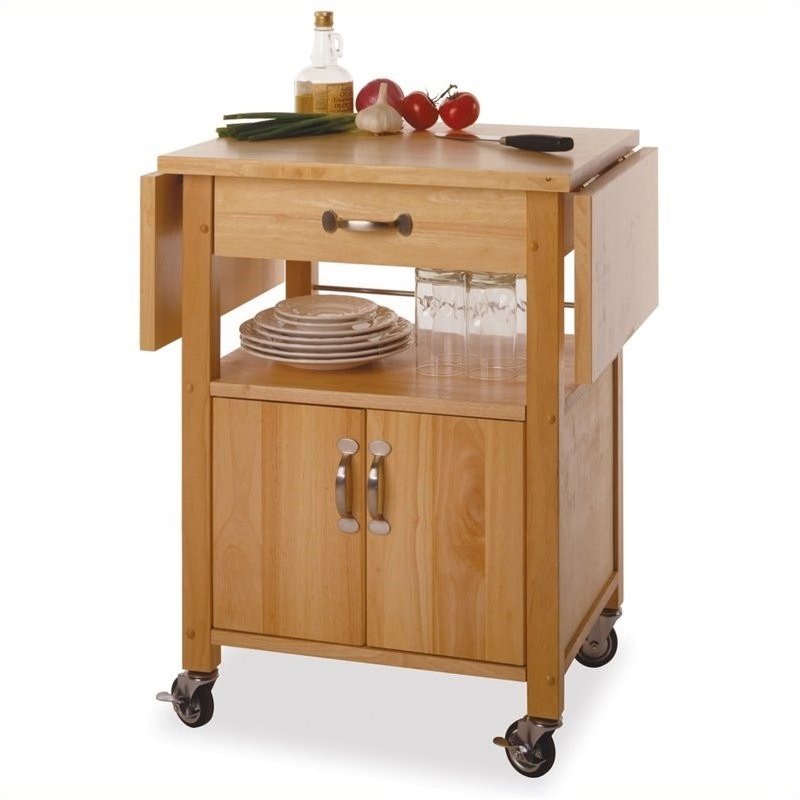 Pemberly Row Butcher Block Kitchen Cart with Drop Leaf in Natural Finish