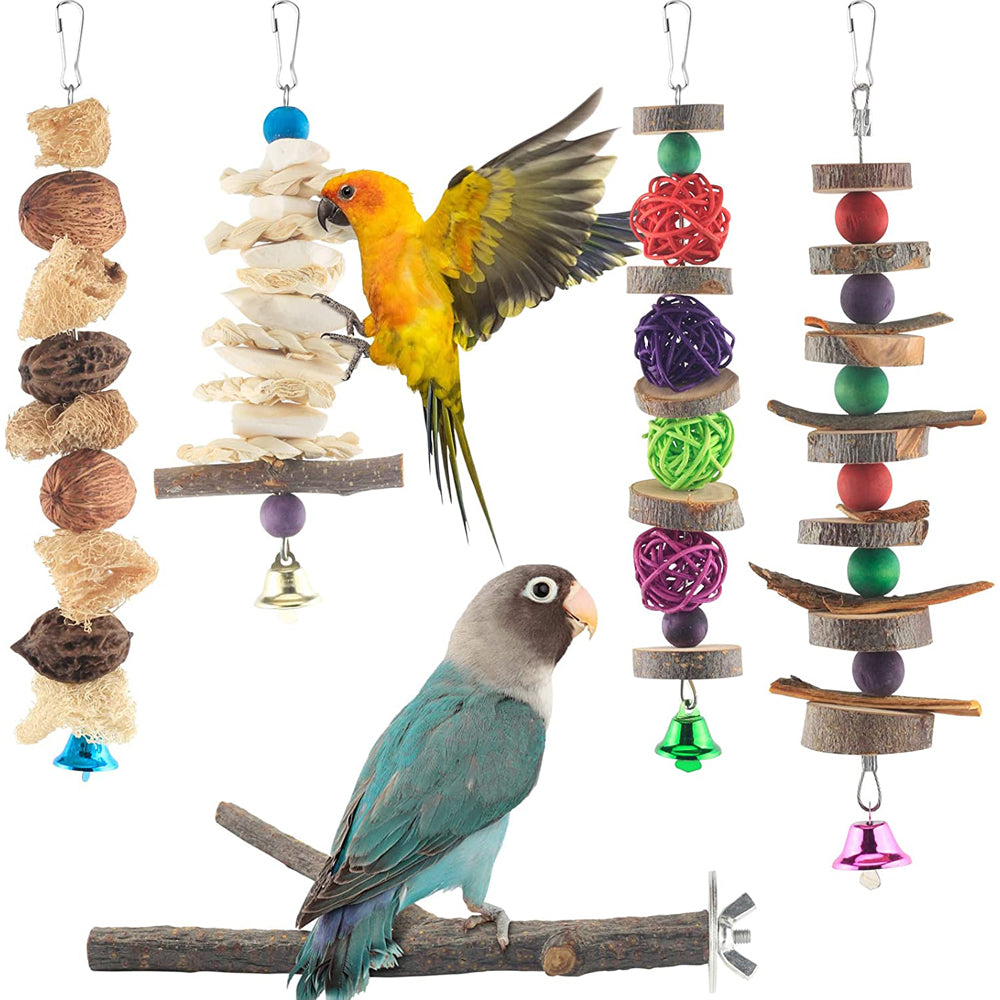 5 Packs Bird Chew Toys， Natural Wood Toys Parrot Hanging Cage Toy Bird Perch Stand for Small Bird Conure Cockatiel Parrotlet Lovebird Budgie