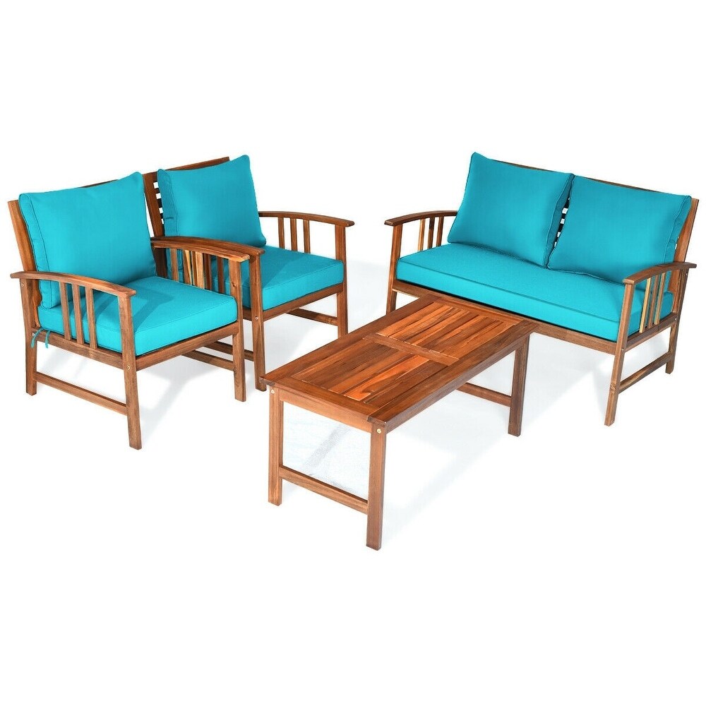 4 Pcs Wooden Patio Furniture Set Table Sofa Chair Cushioned Garden   45\