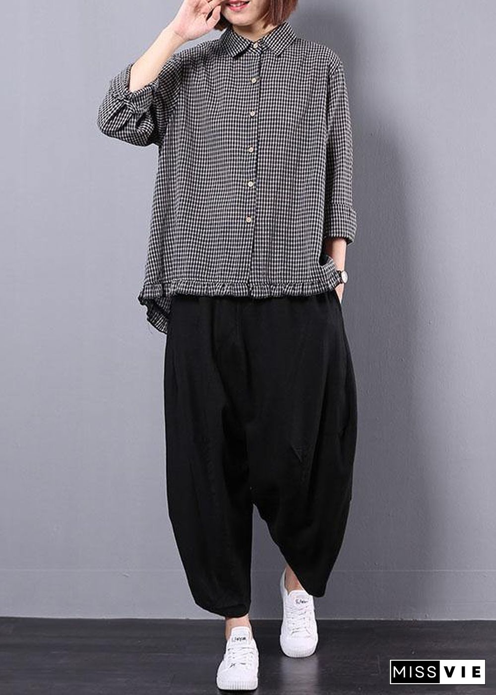 black plaid long sleeve cotton linen blouse with women black pants two pieces