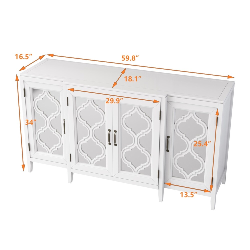 Modern Mirrored Console Table with 4 Cabinets and 3 Adjustable Shelves