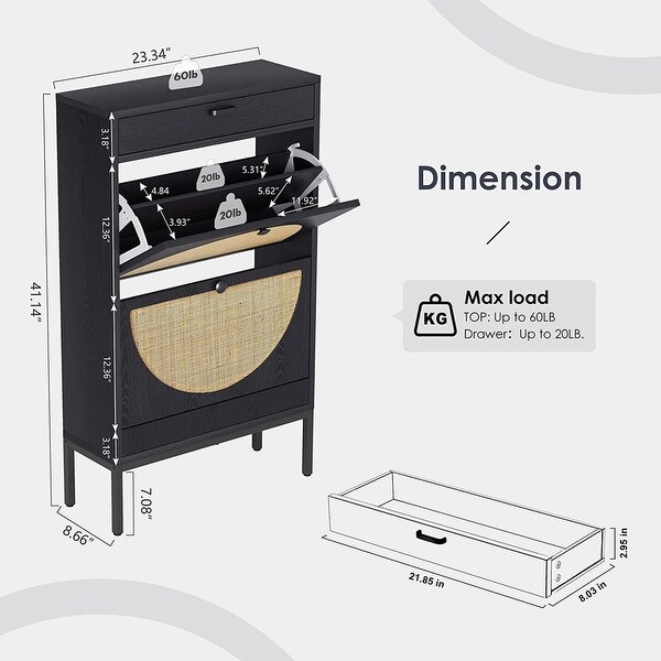 Slim Shoe Storage Cabinet Rack With 2 Flip Drawers and 1 Storage Drawer， - - 37593871