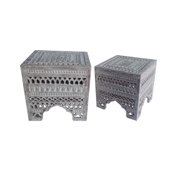 Intricately Carved Square Mango Wood Stool with Cutout sides， Set of 2， Washed White