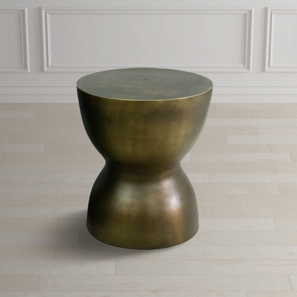 17 Inch Round End Accent Table， Cast Aluminum， Hourglass Shape， Antique Brass， Black - 16.5 H x 13.5 W x 13.5 L