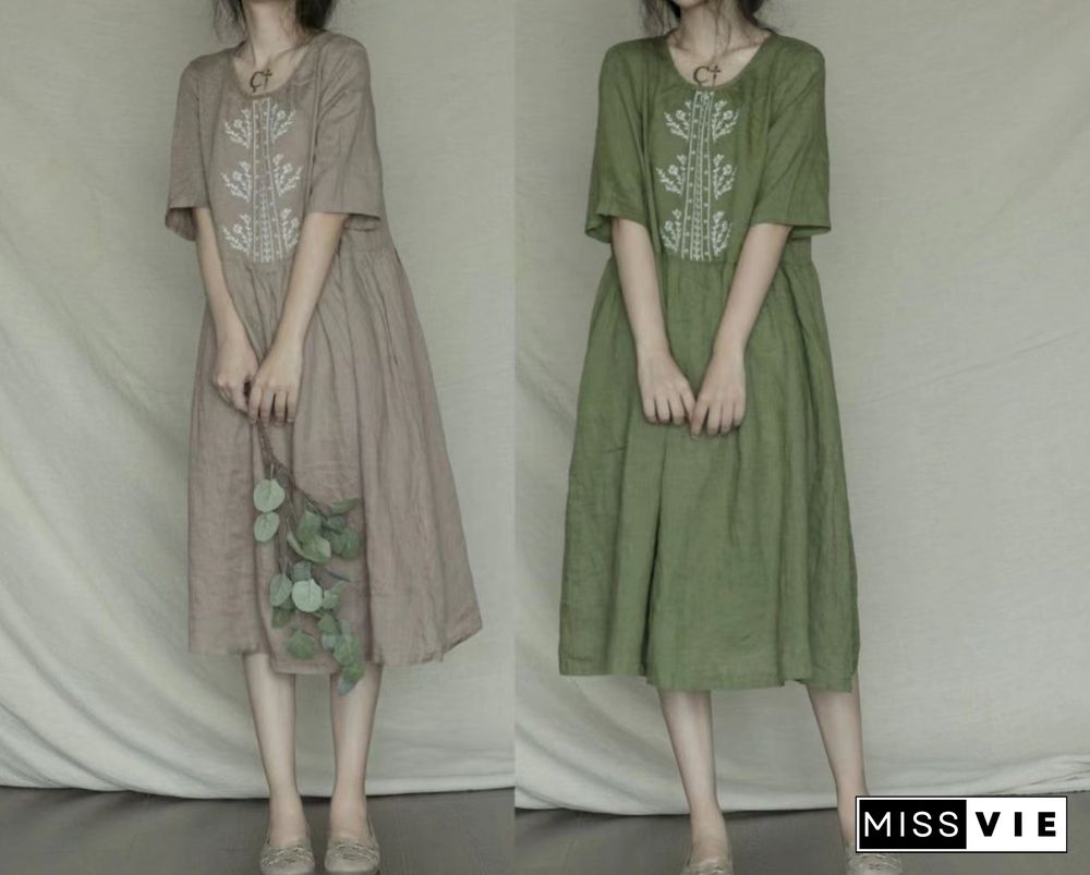 Bohemian Green Embroideried Casual Linen Dress Short Sleeve