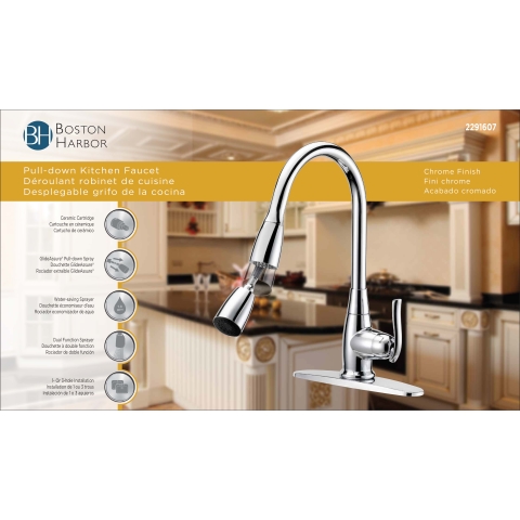 Boston Harbor FP4A0000CP Kitchen Faucet， 1.8 gpm， 1-Faucet Handle， 1， 3-Faucet Hole， Brass/Plastic/Zinc， Chrome Plated