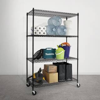 Fencer Wire Black 4-Tier Metal Garage Storage Shelving Unit with Casters and Leveling Feet (48 in. W x 24 in. D x 76 in. H) RWW-CH48244WBK