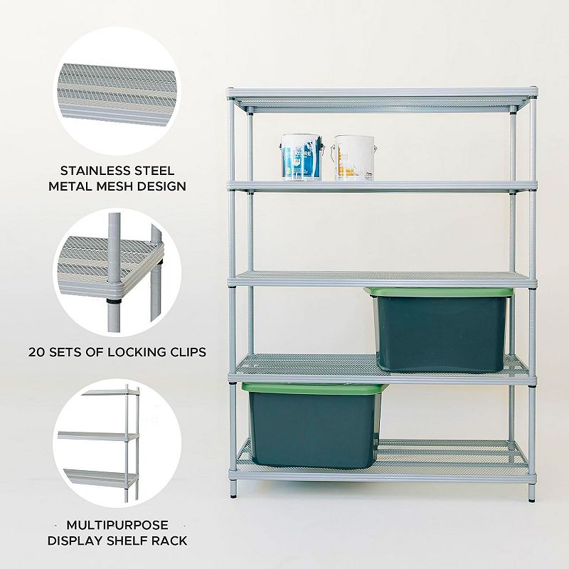 Design Ideas Meshworks 5 Tier Full-size Metal Storage Shelving Unit Rack， Silver