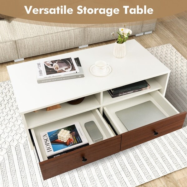 2 Tier 40 Inch Length Modern Rectangle Coffee Table with Storage Shelf and Drawers-White - 40