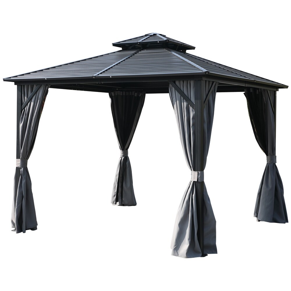 Outsunny 10'x 10' 2 Tier Roof Steel Hardtop Aluminum Permanent Gazebo with a Mesh Net and Privacy Sidewalls