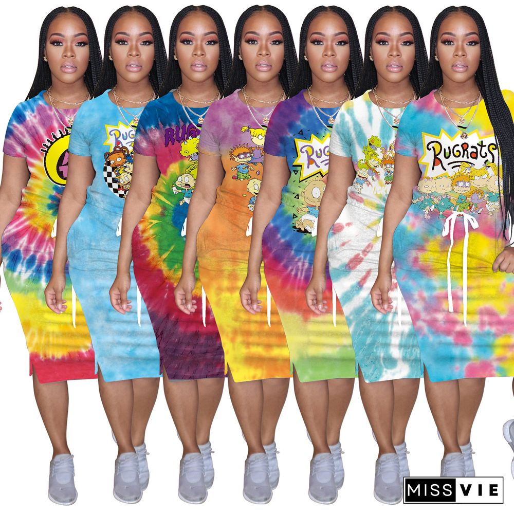 Cartoon Positioning Home Clothes Printed Tie-Dye Dress