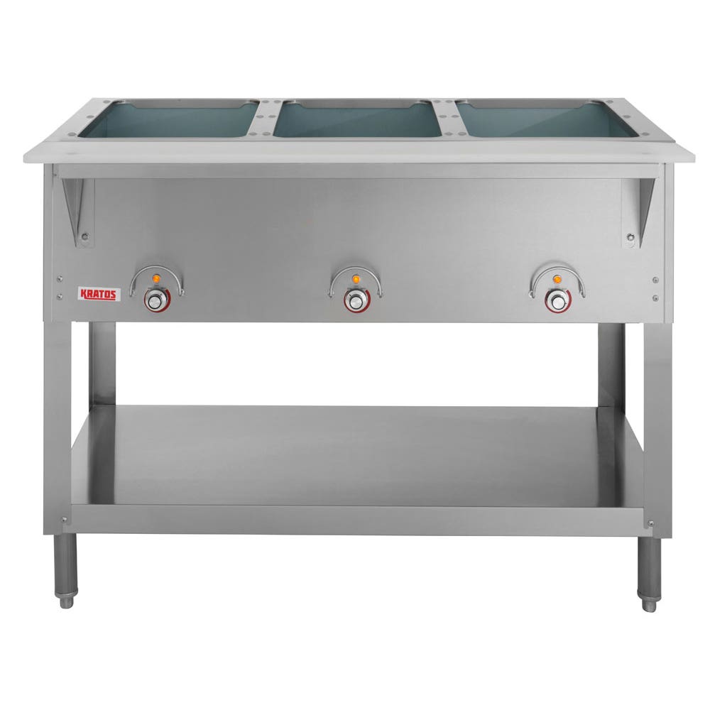 Kratos 28W-110 Stationary Three Pan Open Well Electric Steam Table with Undershelf， 120V， 1500W