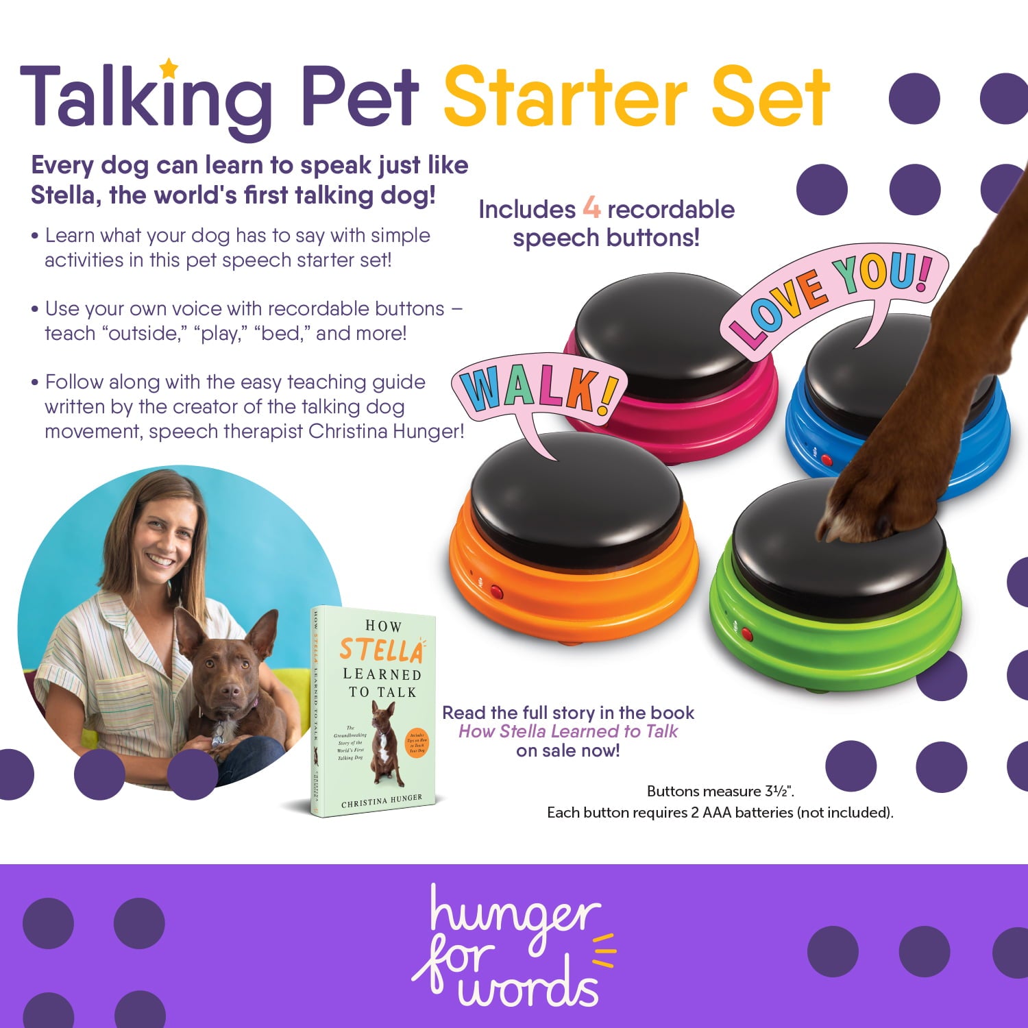 Hunger for Words Talking Pet Starter Set - 4 Recordable Buttons for Dog Communication， Talking Dog Buttons