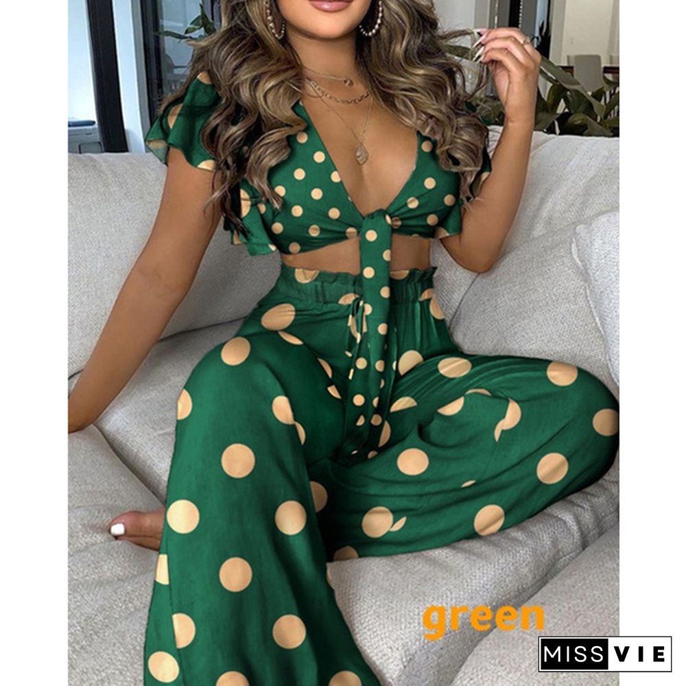 New Summer Women Fashion Casual 2 Piece Set Front Sleeveless Print Crop Top & High Waist Wide Leg Pants Suit Two Piece Set Outfit Plus Size Vestidos