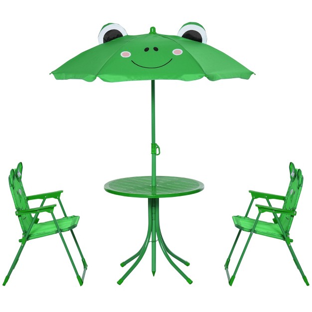 Outsunny Folding Kids Table And Chair Set Picnic Table With Frog Pattern Removable amp Height Adjustable Sun Umbrella For Garden Backyard Green