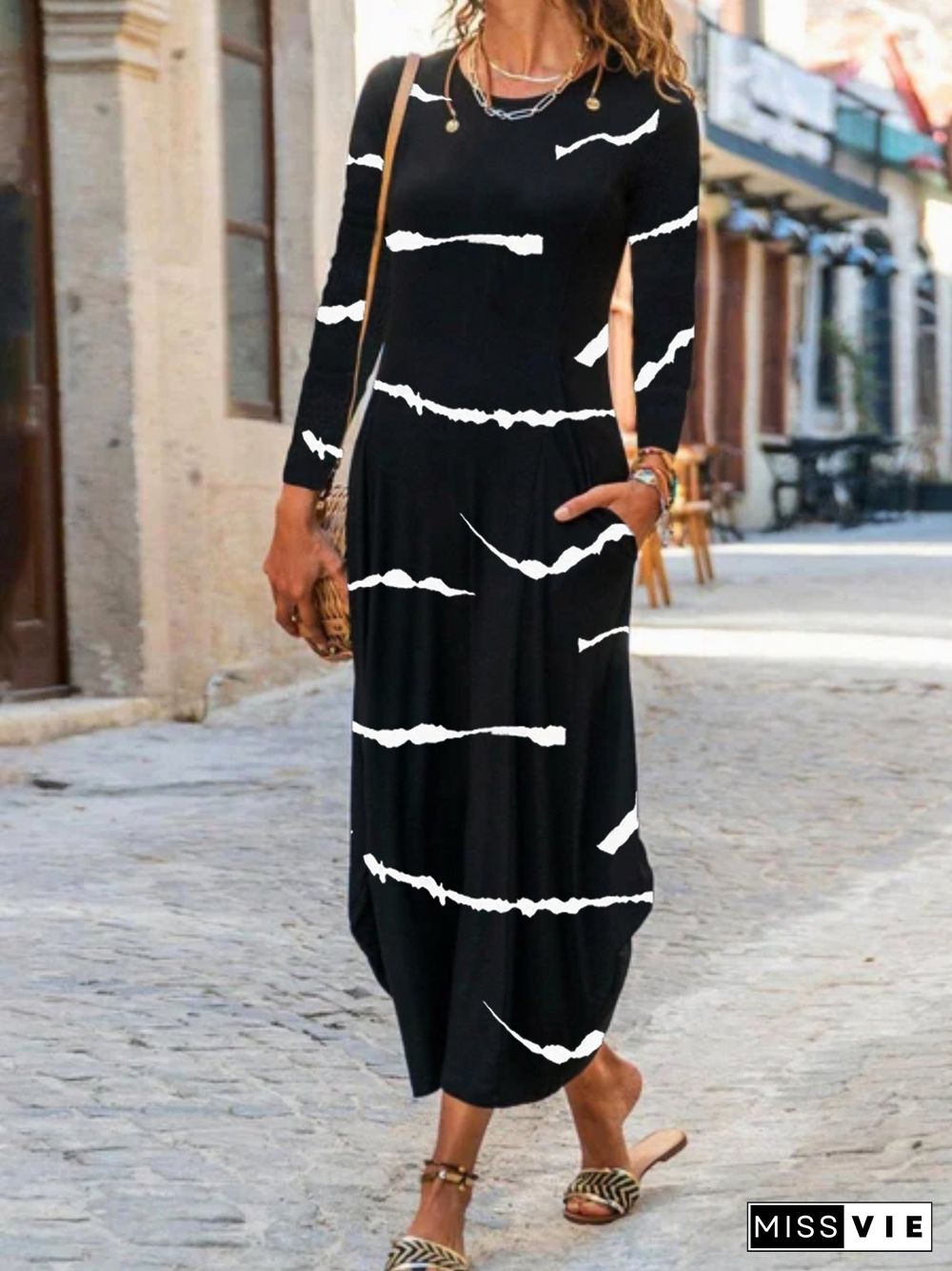 Casual Striped Long Sleeve Crew Neck Printed Dress