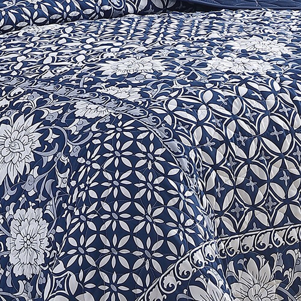 Ann 6 Piece King Size Polyester Quilt Set  Flowers  Reversible  Navy Blue