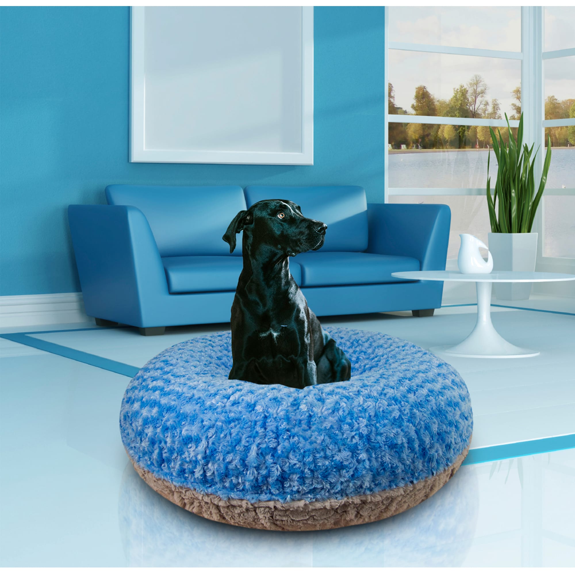 Bessie and Barnie Signature Blue Sky/Serenity Gray Luxury Extra Plush Faux Fur Bagel Dog Bed， 24