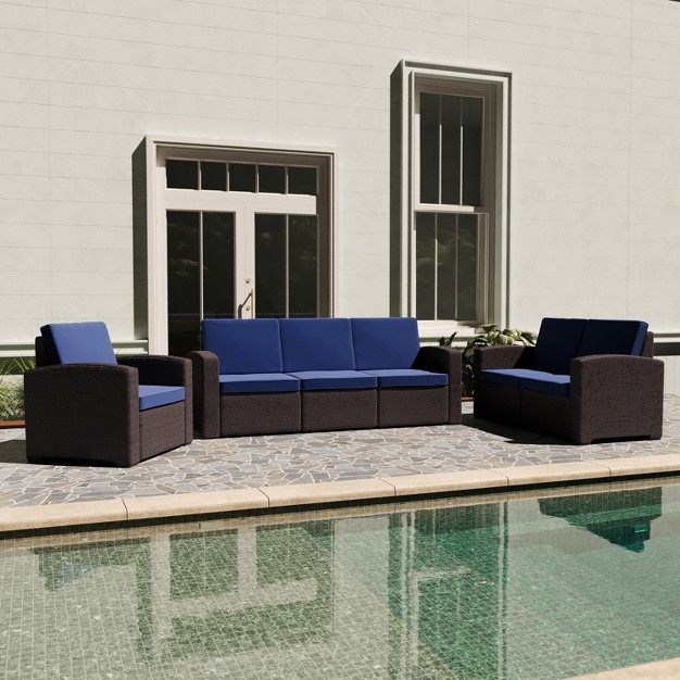 Merrick Lane Outdoor Furniture Resin Sofa Faux Rattan Wicker Pattern Patio 3 seat Sofa With All weather Cushions