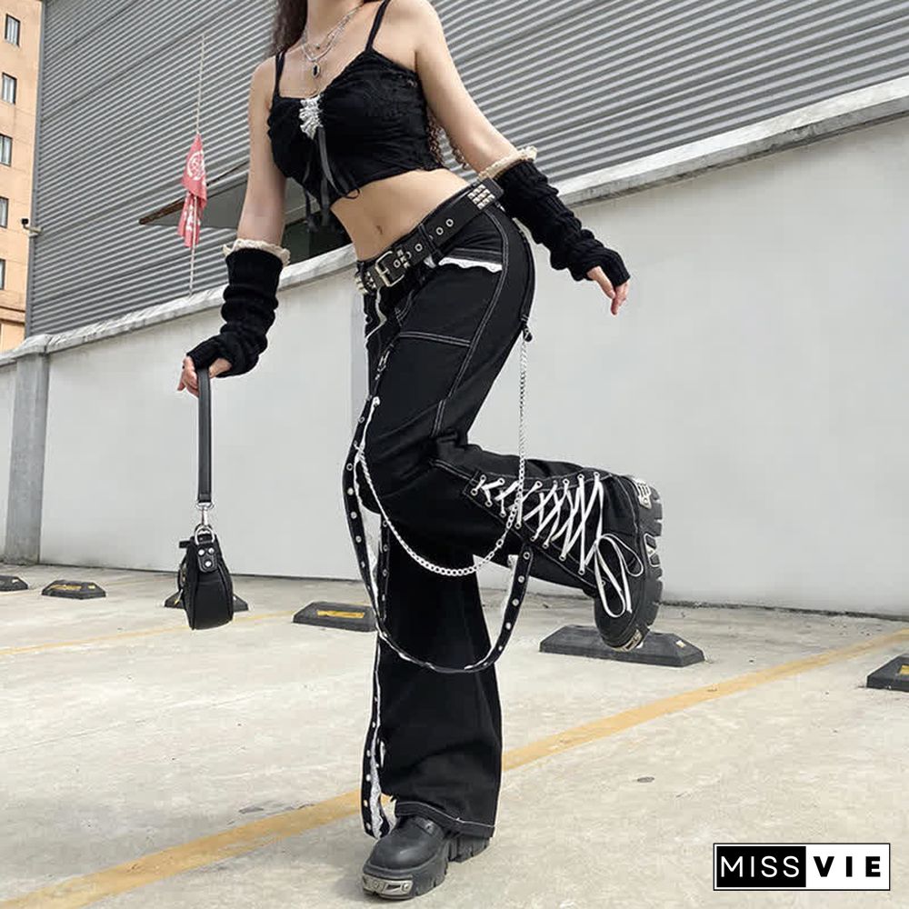 Gothic Bandage Lace Up Straight Baggy Denim  Pants