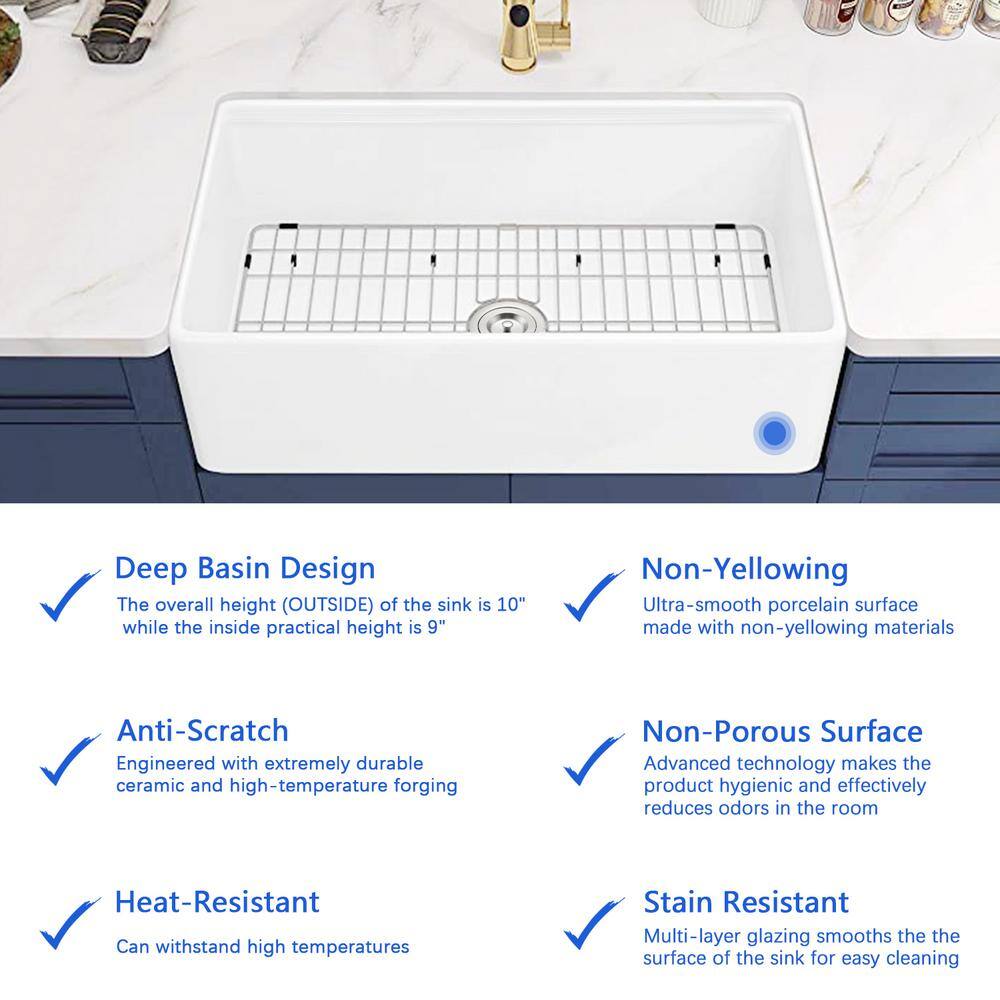 White Fireclay 33 in. Single Bowl Farmhouse Apron Front Kitchen Sink with Grid and Strainer LL-W122567038