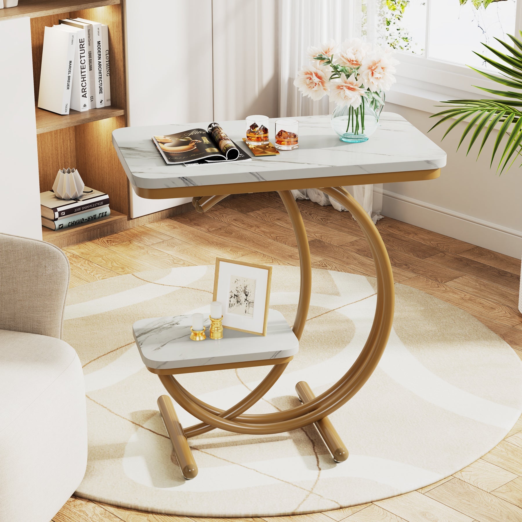 2-Tier End Table, Faux Marble Side Table with C-Shaped Metal Legs