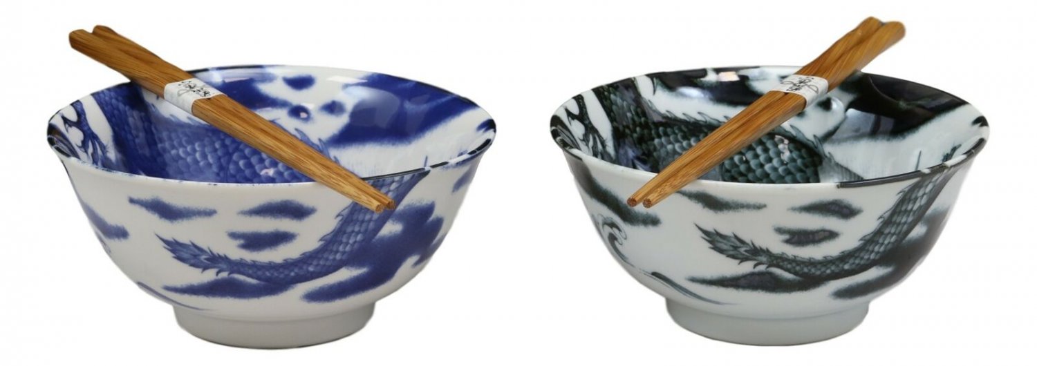 1 Japanese Made East Asian Chinese Dragons Ceramic Bowls And Chopsticks Set of 2 EBR02