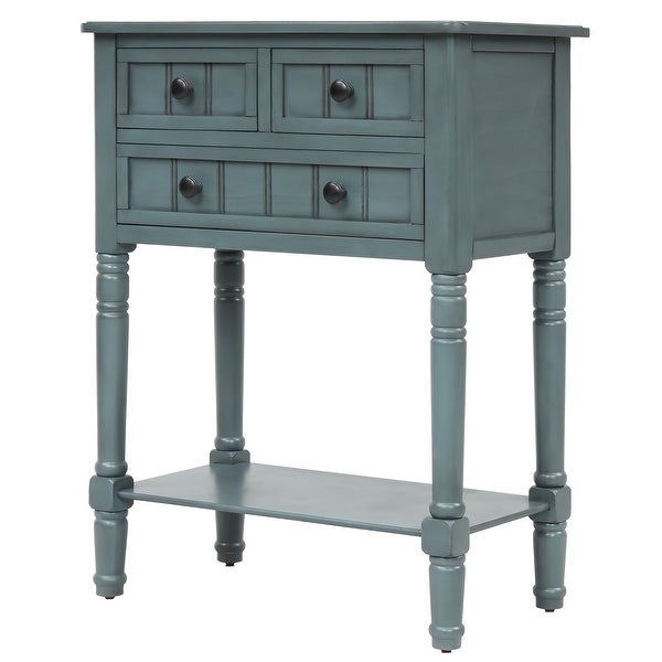 Narrow Console Table with 3 Storage Drawers and Black Round Deco Knobs， Slim Sofa Table with Bottom Shelf， Navy