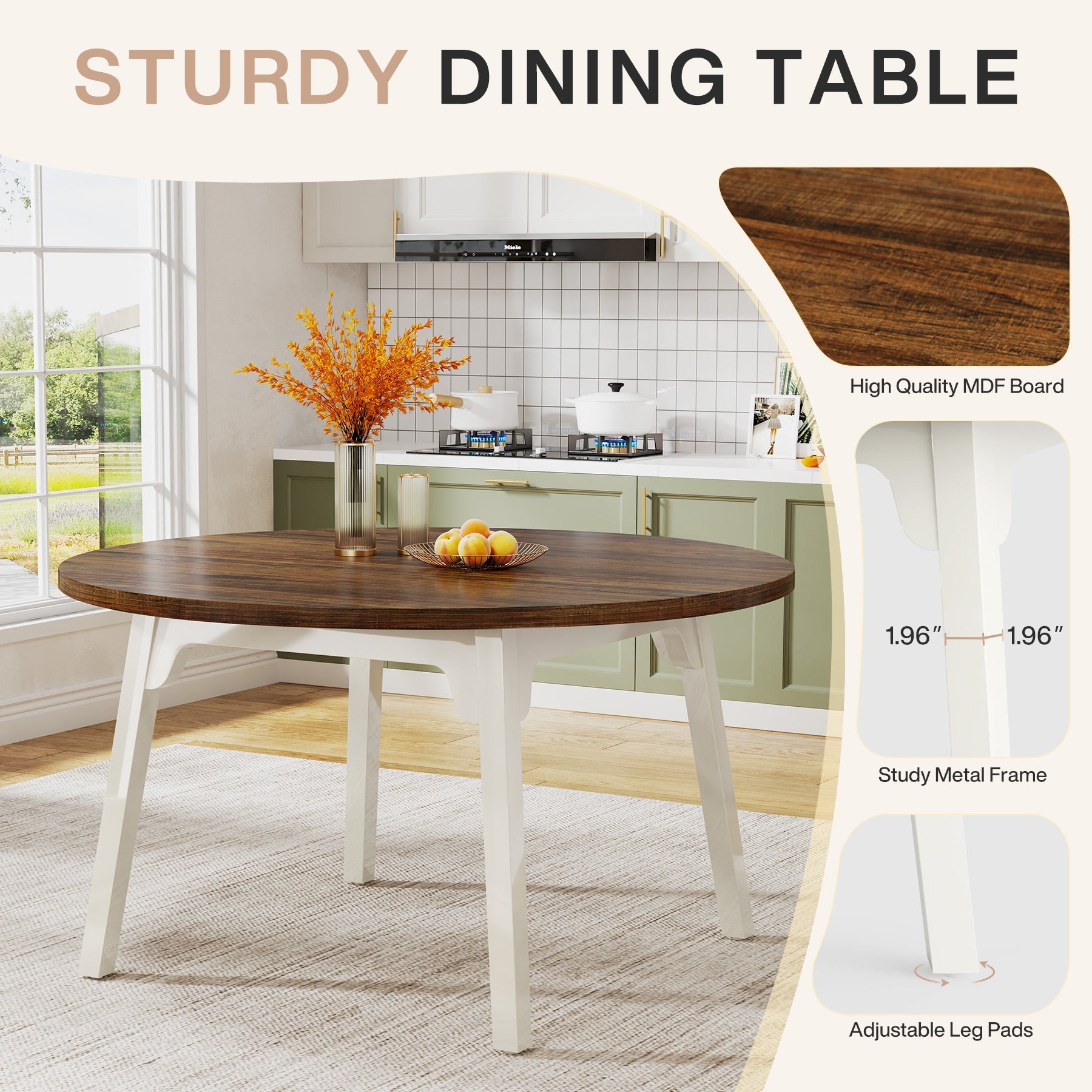 47-inch Dining Table, Round Farmhouse Kitchen Table for 4-6