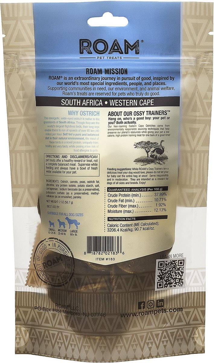 Roam Ossy Trainers Premium Jerky Ostrich Dog Treats， 1-lb bag