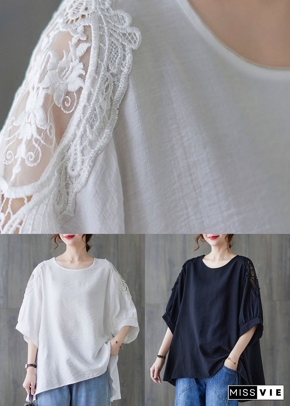 Black Lace Patchwork Cotton T Shirt Top Asymmetrical Summer