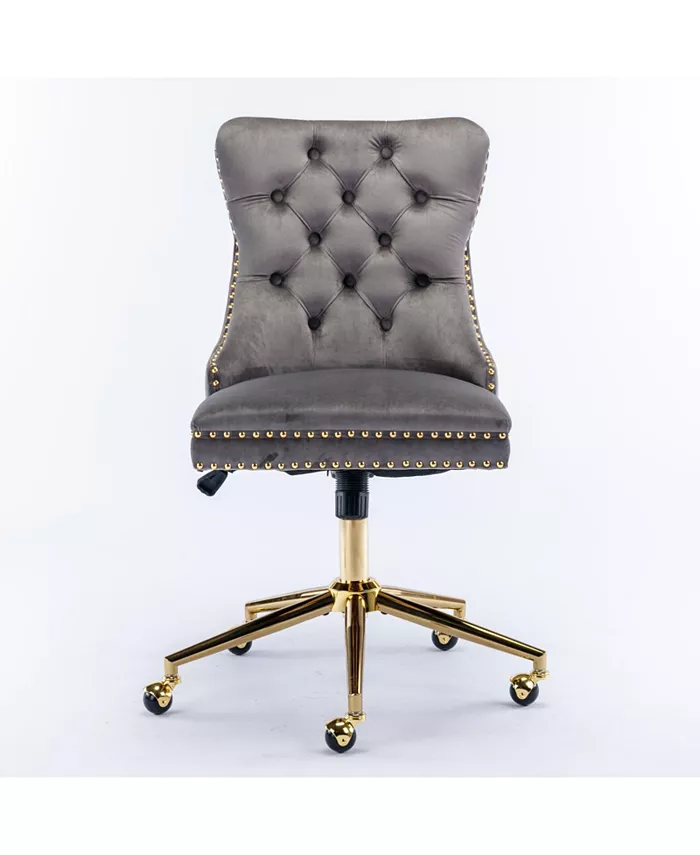 Simplie Fun AandA Furniture Office ChairVelvet Upholstered Tufted Button Home Office Chair with Golden Metal BaseAdjustable Desk Chair Swivel Office Chair (Gray)