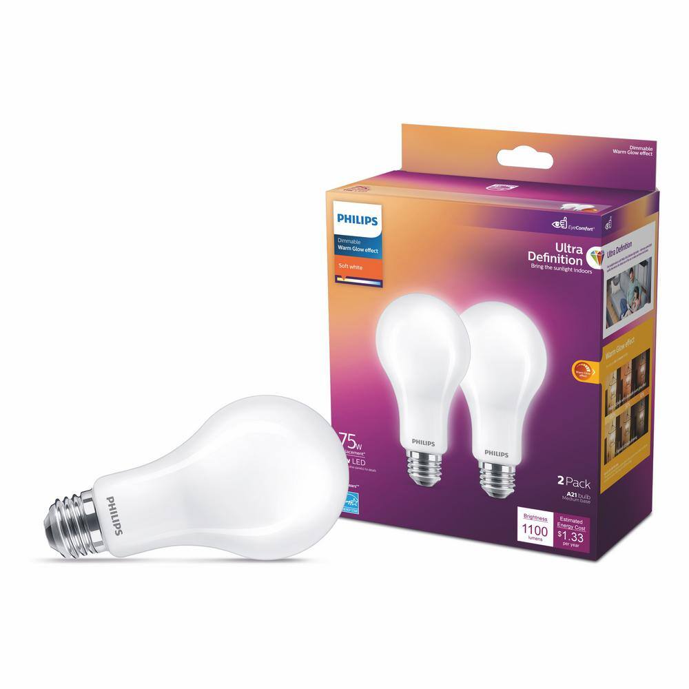 Philips 75-Watt Equivalent A21 Ultra Definition Dimmable E26 LED Light Bulb Soft White with Warm Glow 2700K (2-Pack) 573493