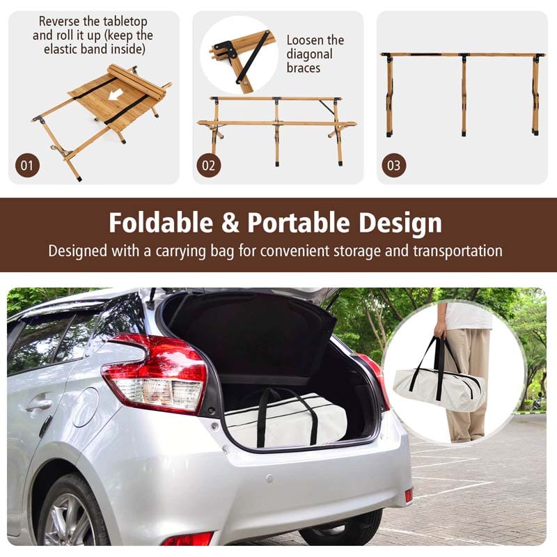 Folding Camping Table Portable Picnic Table with Carry Bag, Roll-up Bamboo Tabletop for BBQ Party Hiking