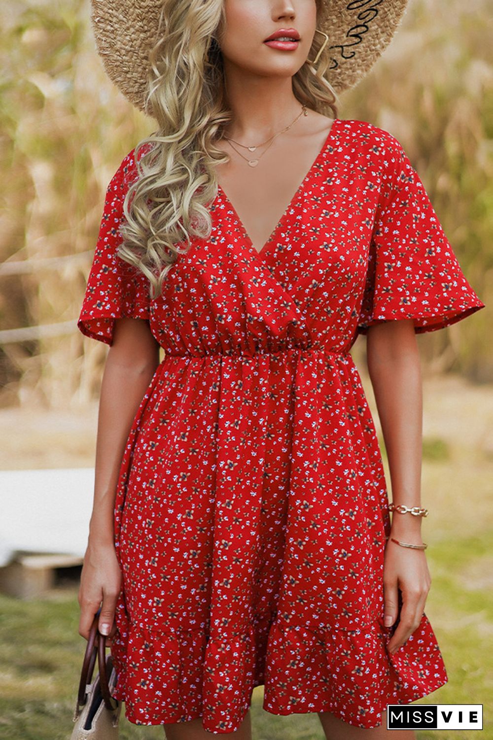 Red V Neck Wrap Floral Mini Dress