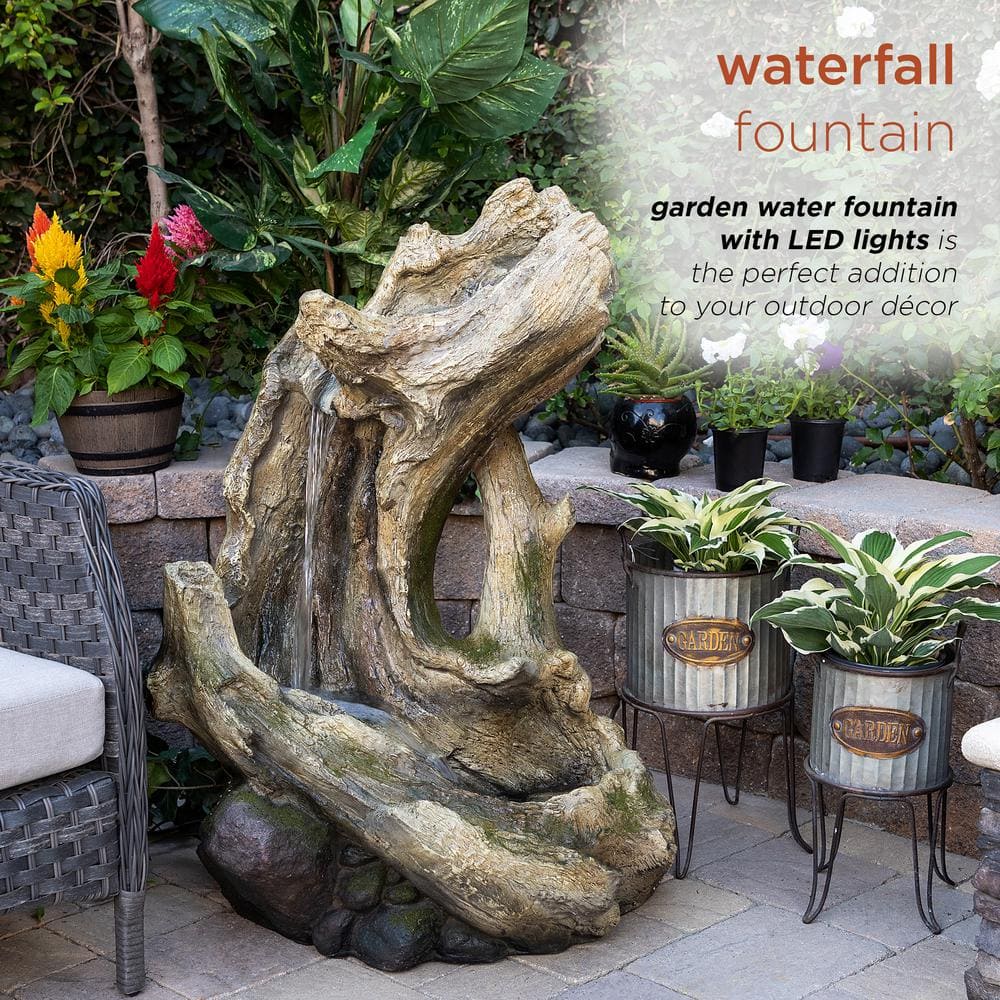 Alpine Corporation 41 in. Tall Outdoor Rainforest Curved Log Water Fountain with LED Lights WIN454