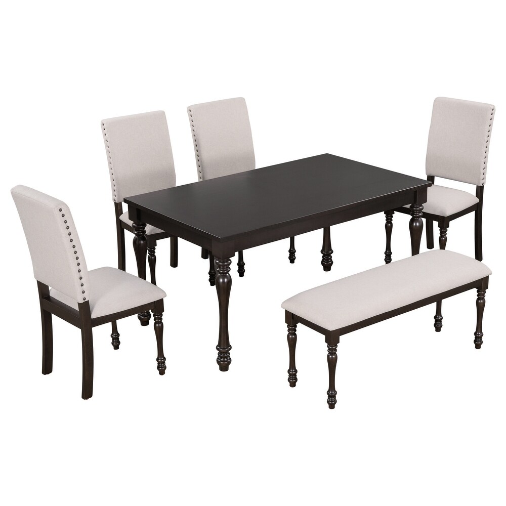 6 Piece Dining Table Set  Rectangular Table with Turned Legs  4 Chairs and Bench