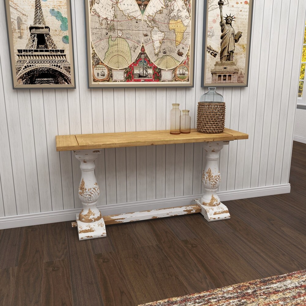 White Wood Distressed Console Table with Brown Wood Top   59 x 16 x 29