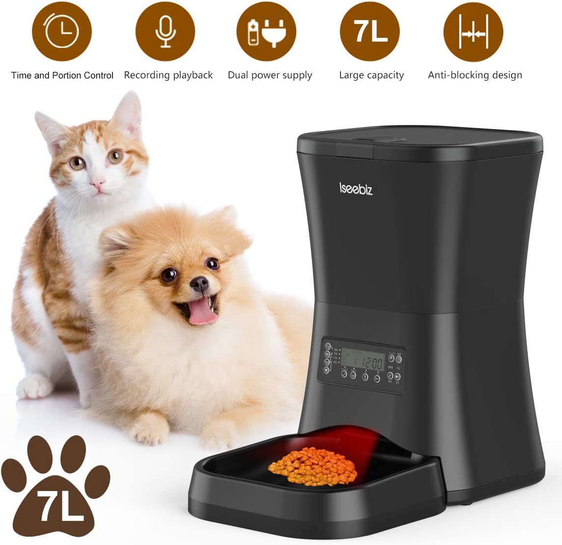 Iseebiz Pet Feeder Food Dispenser for Cats and Dogs Features Voice Recording， Timer Programmable， Portion Control， IR Detect， 4 Meals per Day for Small and Medium Pet