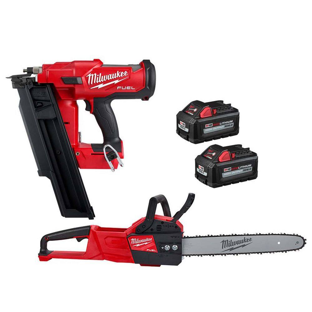 MW M18 FUEL 3-12 in 18-Volt 21-Degree Lithium-Ion Brushless Cordless Nailer w16 in FUEL Chainsaw Two 6Ah HO Batteries 2744-20-2727-20-48-11-1862