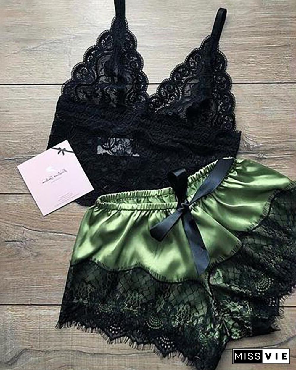 Eyelash Crochet Lace Satin Bowknot Cami Set