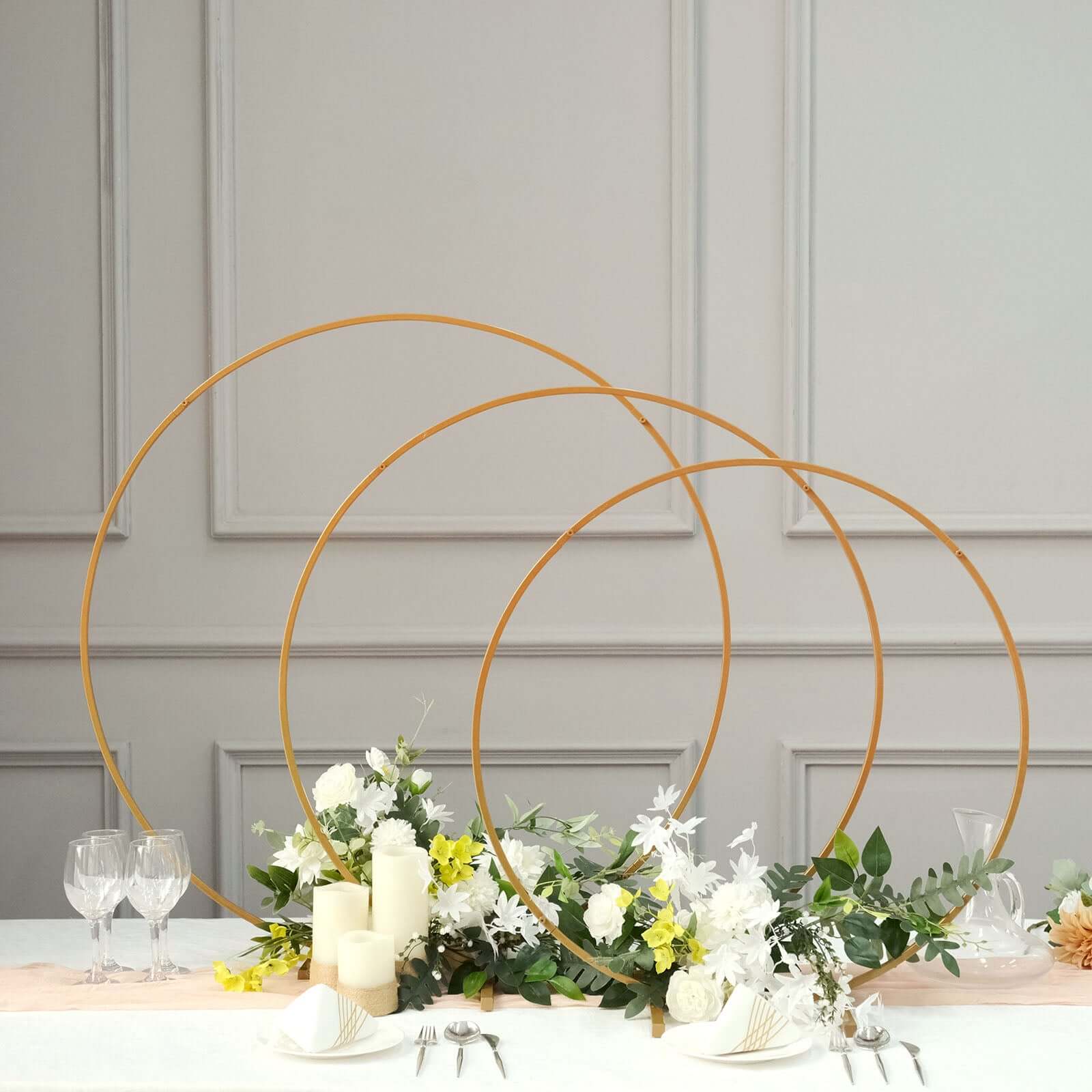 Gold Metal Round Hoop Wedding Centerpiece, Self Standing Table Floral Wreath Frame 28