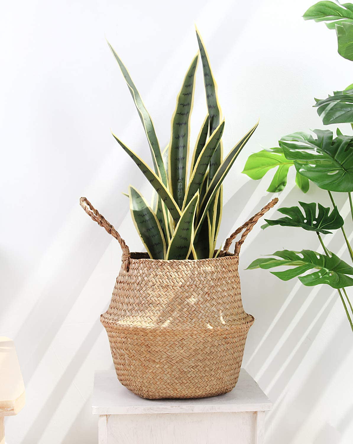 BlueMake Woven Seagrass Belly Basket for Storage Plant Pot Basket and Laundry, Picnic and Grocery Basket