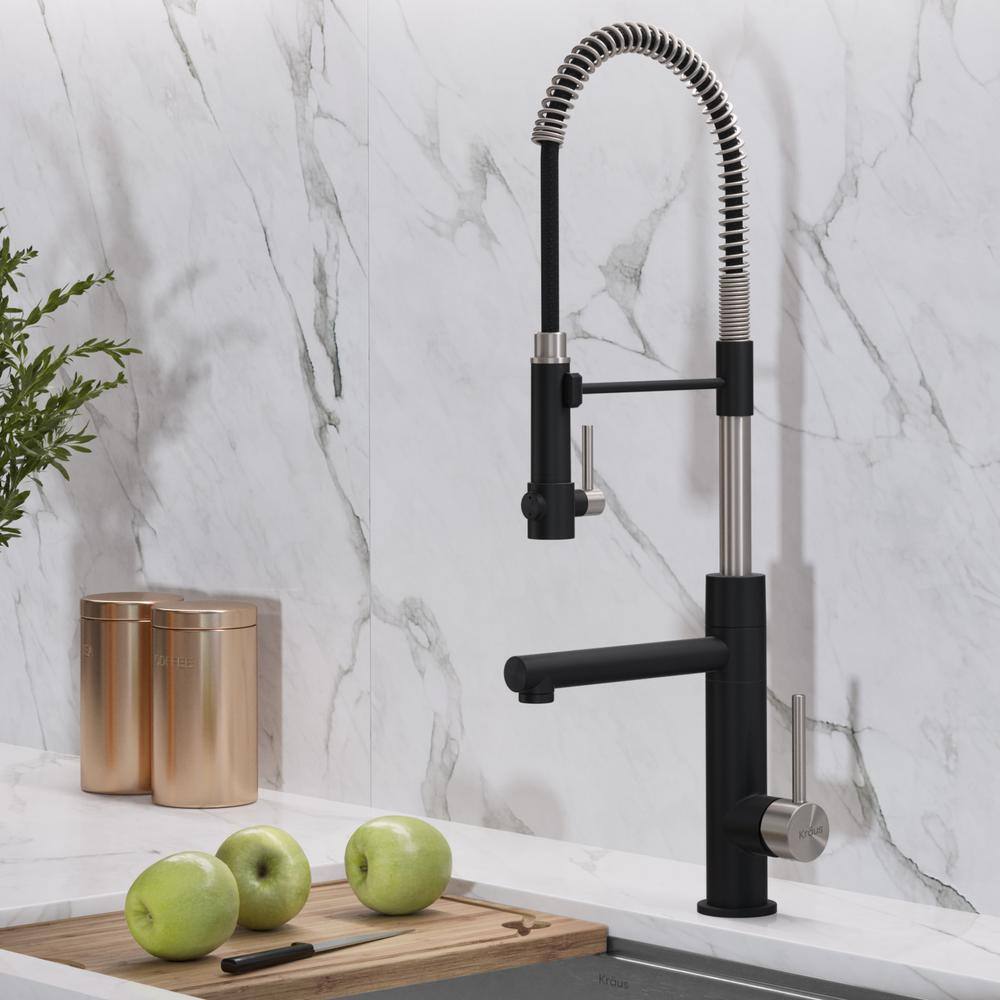 KRAUS Artec Pro Single-Handle Pull Down Sprayer Kitchen Faucet with Soap Dispenser in Stainless SteelMatte Black KPF-1603SFSMB-KSD-32MB