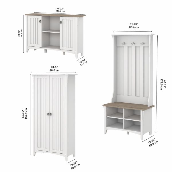 Bush Furniture Salinas Entryway Storage Set with Hall Tree， Shoe Bench and Accent Cabinets in Pure White and Shiplap Gray