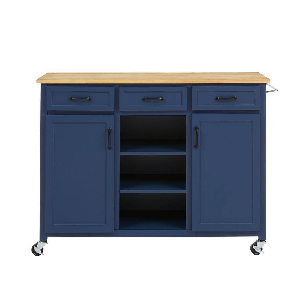 Home Decorators Collection Midnight Blue Rolling Kitchen Cart with Butcher Block Top and Storage (48