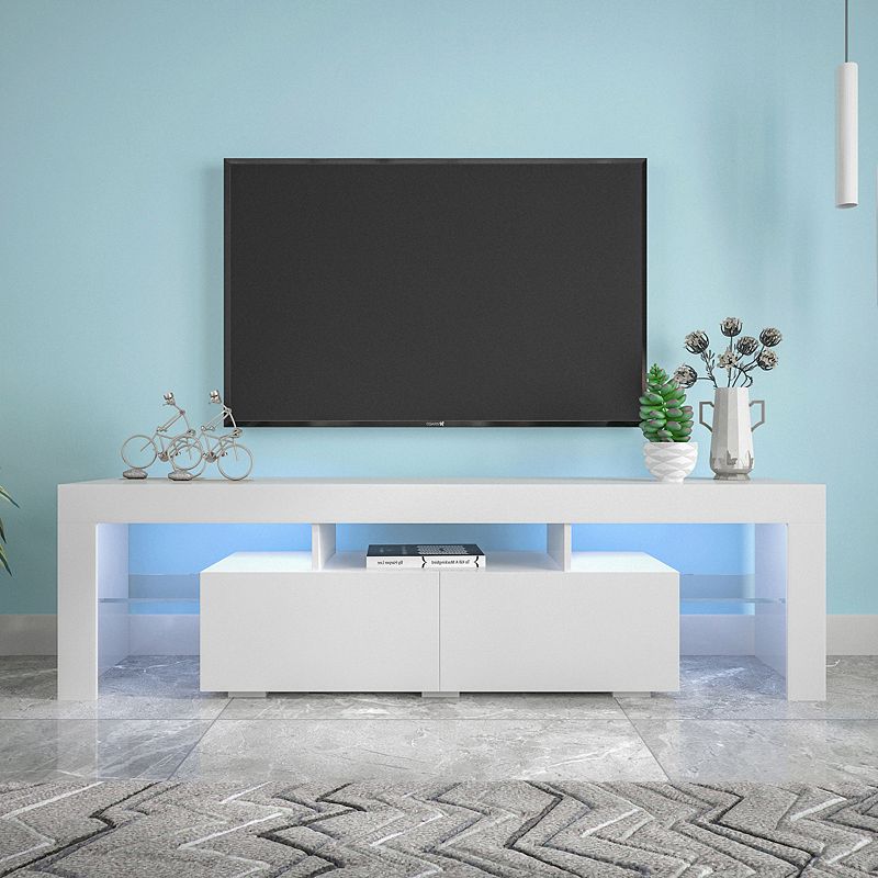 FC Design Modern TV Stand， LED TV Stand w/ Remote Control Lights