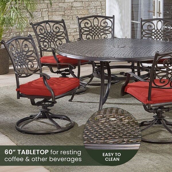 Hanover Traditions 7Piece Dining Set in Red with a 60 In. Round Casttop Table and Six Swivel Rockers